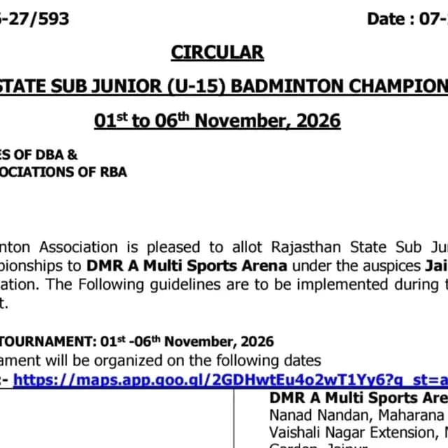 Rajasthan State Sub Junior (U-15) Badminton Championships 2026