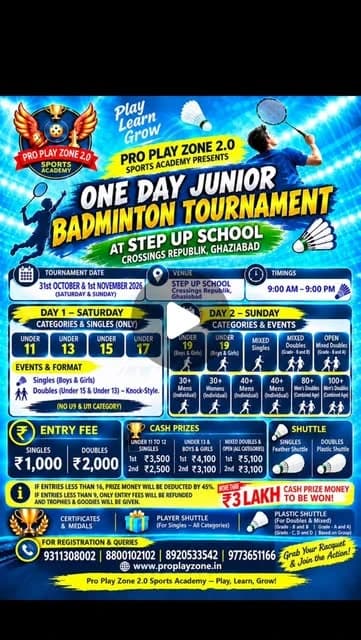 Pro Play Zone 2.0 One Day Junior Badminton Tournament
