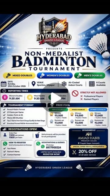 Hyderabad Smash League Presents Non-Medalist Badminton Tournament